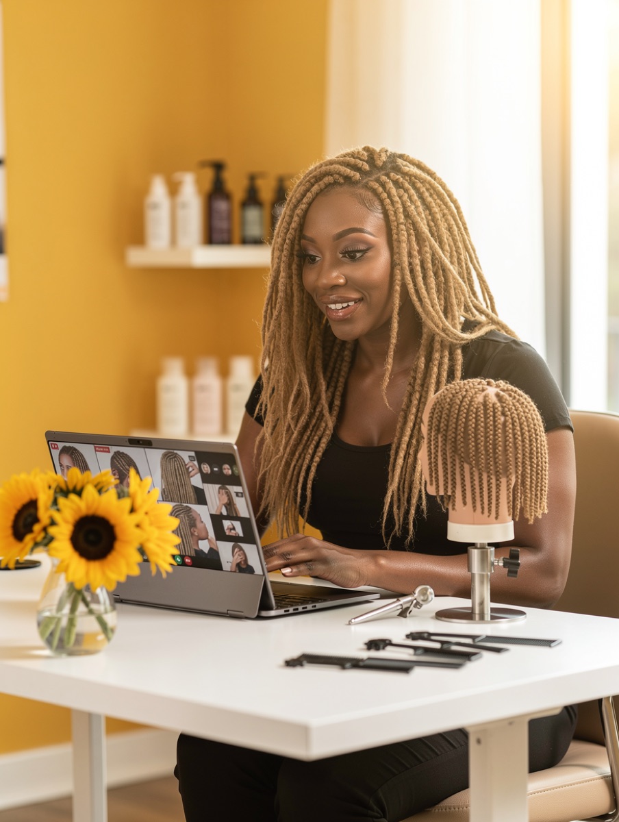 Loctician teaching an online loc class with sunflowers on the desk