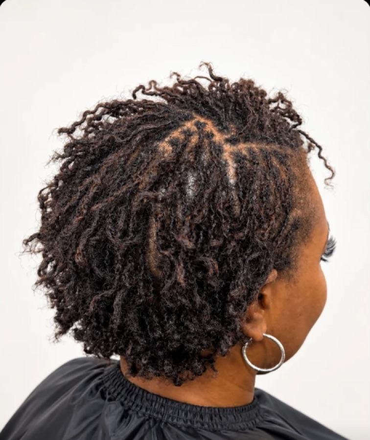 Short curly Sisterlocks from the side